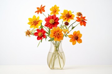 close-up of dahlias in a glass vase against a white background