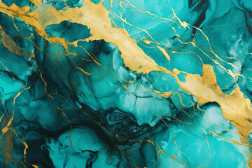 Teal and gold marble pattern. texture with gold splashes. Deep teal luxury porcelain background. Abstract pattern design. Generative AI