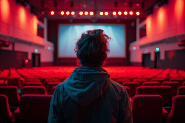 Fototapeta premium A woman sitting alone in an empty movie theater waiting for a movie.