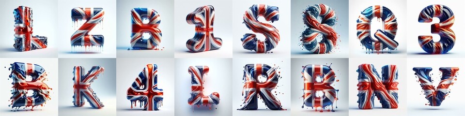 Glasss letters in color of United Kingdom flag. AI generated illustration