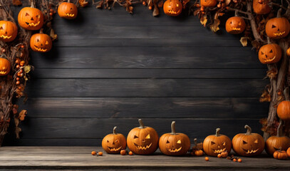 empty wooden table spooky halloween background with empty wooden boards with pumpkins 