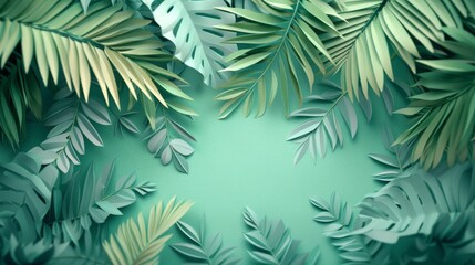 Fototapeta na wymiar Sculpted Tropical Leaves on Soft Green Canvas