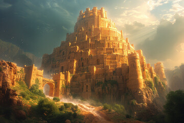 illustration of the Tower of Babel from the Old Testament, Bible - obrazy, fototapety, plakaty