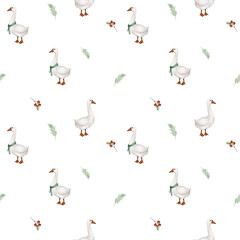 Watercolor illustration of a white goose wrapped in a scarf in a spring landscape seamless pattern creates a gentle image perfect for home decor