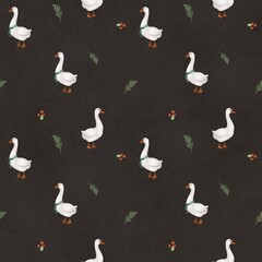Watercolor illustration of a white goose wrapped in a scarf in a spring landscape seamless pattern creates a gentle image perfect for home decor