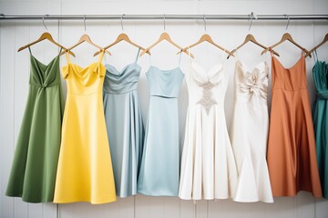 multiple dresses hanging in a fitting room