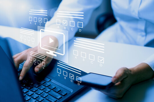  E-learning, education, online exam concept.Choose correct answer. Education internet online digital technology concept