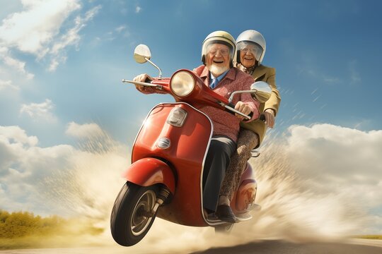 A cheerful elderly couple rides a scooter towards adventure. Happy active old age