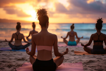 Group of women doing yoga on a beach