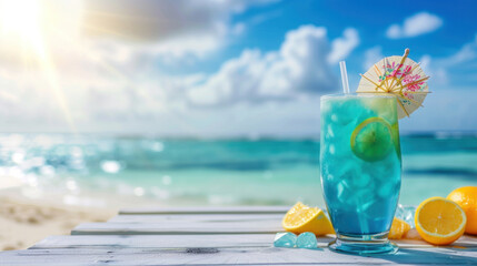 Blue hawaii cocktail on white wooden table with blue sea and sky background. - obrazy, fototapety, plakaty