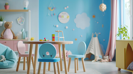 Wooden table in blue children room