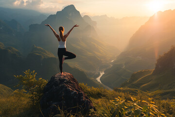 Woman in a yoga pose in the mountains