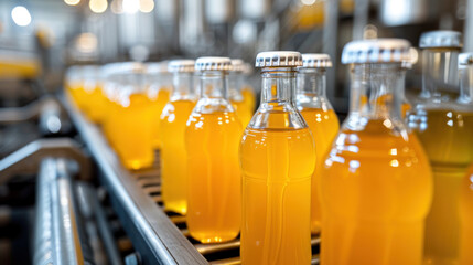 Factory interior of beverage, Production line of manufacturing and packaging juice products, Close up, Glass bottles with screw caps standing on a conveyor belt.