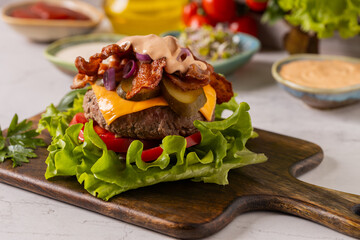 Beef burger without a bun, with bacon