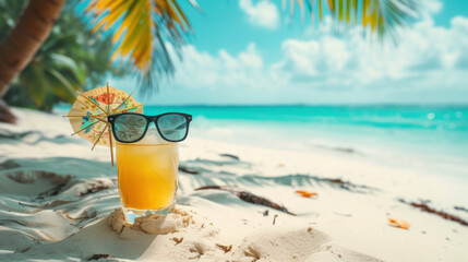 Fresh cold cocktail and sunglasses on tropical beach with palms and bright sand. Summer sea vacation and travel concept with copy space.