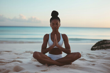 Fototapeta na wymiar Woman doing yoga on a beach