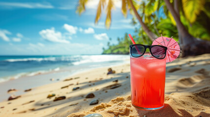 Fresh cold cocktail and sunglasses on tropical beach with palms and bright sand. Summer sea vacation and travel concept with copy space.
