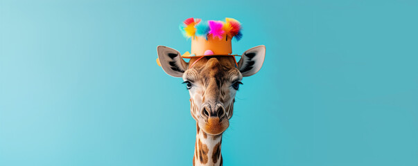 Adorable Giraffe Wearing a Playful Clown Hat, Radiating Cuteness and Cheer Against a Vibrant Blue...