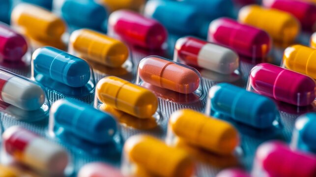 Full frame of colorful antimicrobial capsule pills. Quality control error in pharmaceutical manufacturing. Blister pack missing one capsule of antibiotic pill. Drug resistance. Defective concept.