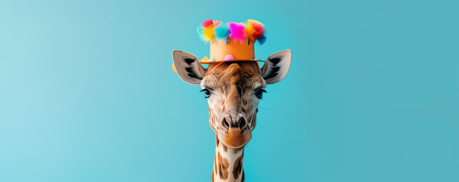 Adorable Giraffe Wearing a Playful Clown Hat, Radiating Cuteness and Cheer Against a Vibrant Blue Background, Adding a Splash of Joy to the Scene.  Place for text