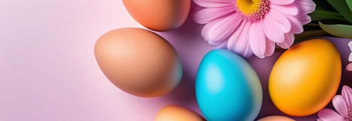 Colorful Easter eggs in pastel colors and spring flowers on a light pink background. An Easter card.
