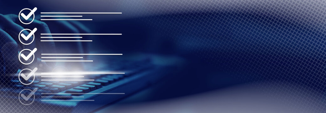 Survey form, check marks on checklist, document control, filling online form and answering questions, business project concept.