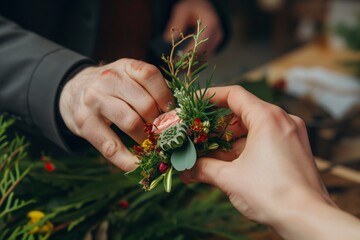 hands of a florist crafting a custom boutonniere with seasonal blooms - obrazy, fototapety, plakaty