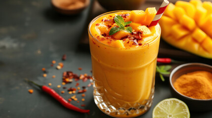 Mangonada mexican mango smoothie with chamoy sauce and chili lime seasoning and tamarind candy straw. --ar 16:9 --v 6 Job ID: 1ebc21f8-055b-4e13-857f-45deff191046