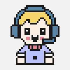 Naklejka premium Pixel style help center male operator. Outsourcing technical support.