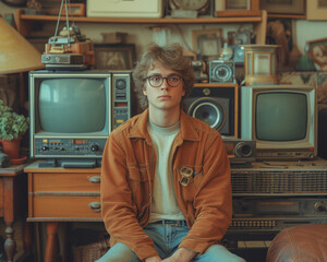 Young man with vintage computer at home, 1980s years - 725416835