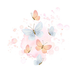 Fototapeta na wymiar Flying butterflies on watercolor splashes in pastel pink and blue colors illustration isolated on white background for baby shower and gender reveal party cards and baby girl room decor