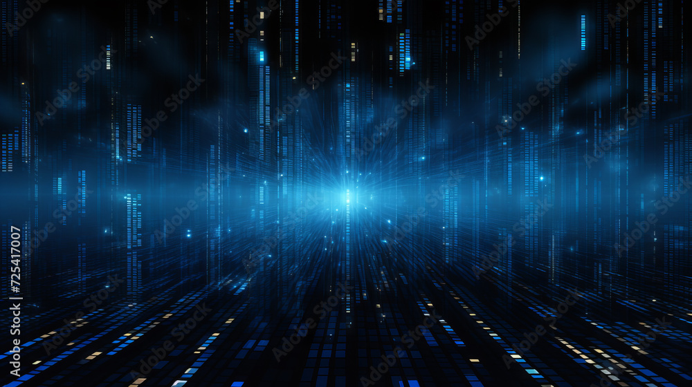 Fototapete blue computer data in a large infinite space on a dark background. theme digital data