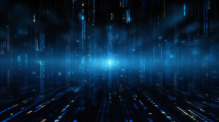 blue computer data in a large infinite space on a dark background. theme digital data