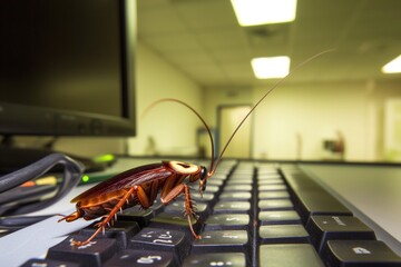 cockroach on a computer keyboard in a dimly lit office