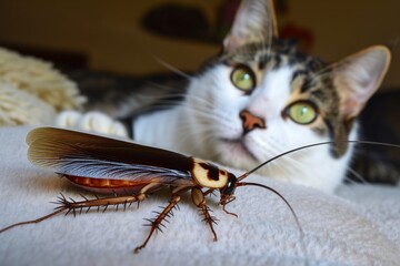 cockroach being eyed by a domestic cat in a home