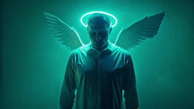 Young fashionable man with halo and wings. Angel with wings behind his back and a halo above head glowing. Super power idea, self development, success and freedom concept green background silhouette
