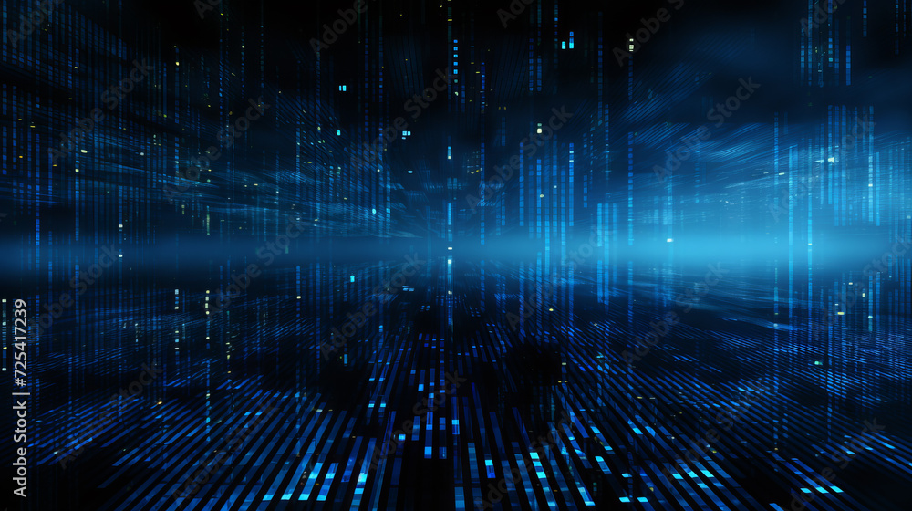 Fototapete blue computer data in a large infinite space on a dark background. theme digital data