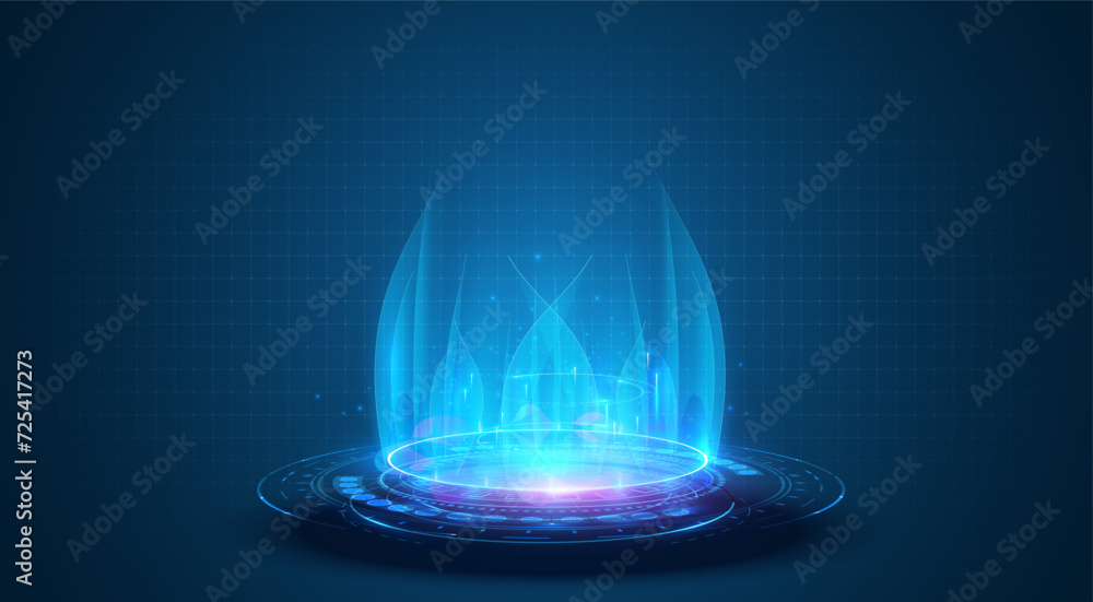 Poster futuristic energy field on grid background. a glowing energy shield activated on a digital grid. lue