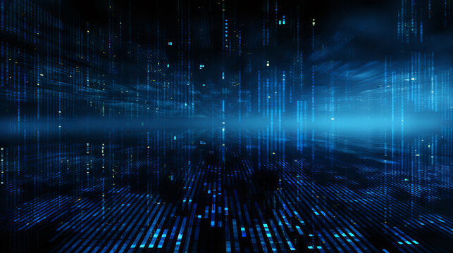 blue computer data in a large infinite space on a dark background. theme digital data