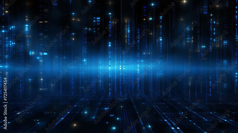 Fototapete blue computer data in a large infinite space on a dark background. theme digital data
