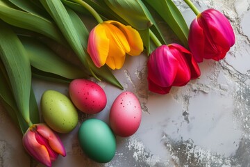 vibrant eggs and tulips on ledge