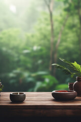 Wooden table spa bokeh background, empty wood desk product display mockup with relaxing wellness massage salon blurry abstract backdrop, body care cosmetic ads presentation. Mock up, copy space .