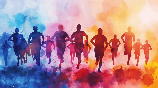 front view silhouette of athletes running marathon for boston marathon, national sports day background - AI Generated Abstract Art 