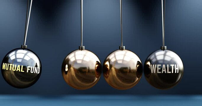 Mutual fund leads to wealth. A Newton cradle metaphor in which mutual fund gives power to set wealth in motion. Cause and effect relation between mutual fund and wealth. Can be looped