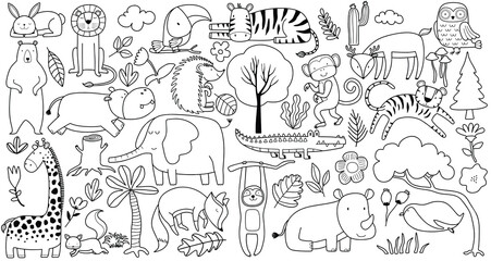 Fototapeta na wymiar linear vector children's illustration set of cute forest animals.