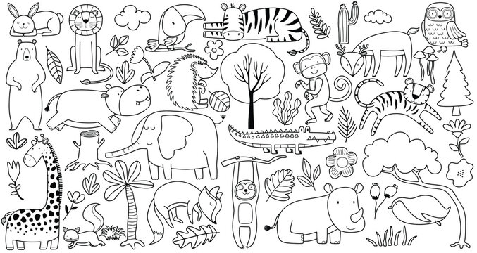 linear vector children's illustration set of cute forest animals.