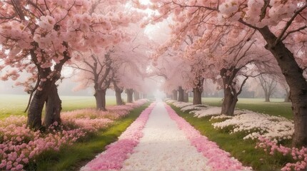 Naklejka na ściany i meble cherry blossom orchard, trees, pathway, photography backdrop, wedding backdrop, photoshop overlay,