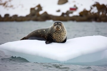 seal resting on a heartshaped floe off a snowy coast