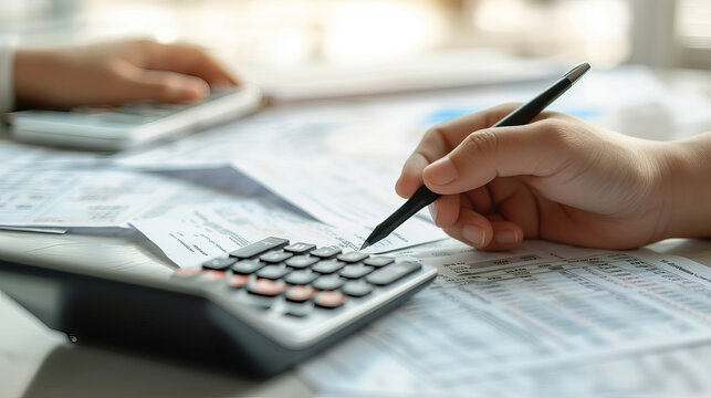Hand and calculator, invoices on background. Calculation of Tax debt. Cost calculating. Budget planning. Problem or Finance crisis. Payment of taxes - AI Generated