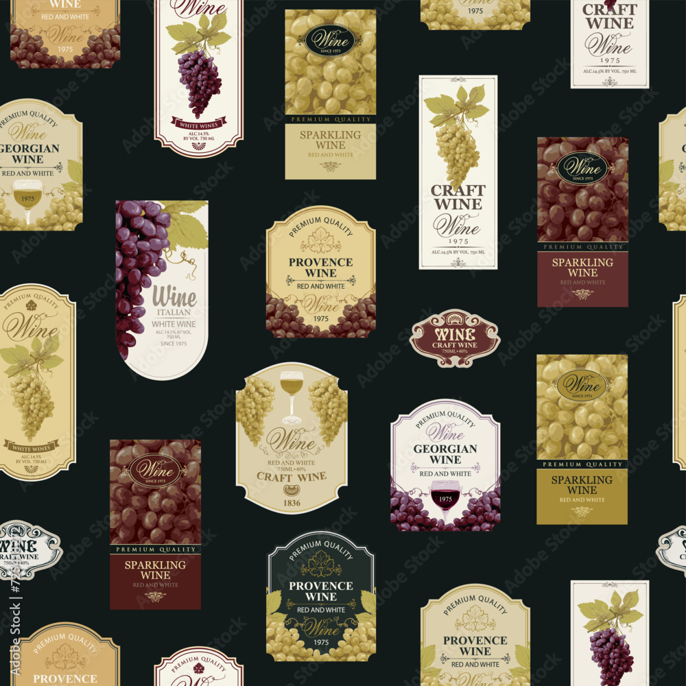 Poster seamless pattern with ornate wine labels in retro style. repeating vector background on the theme of